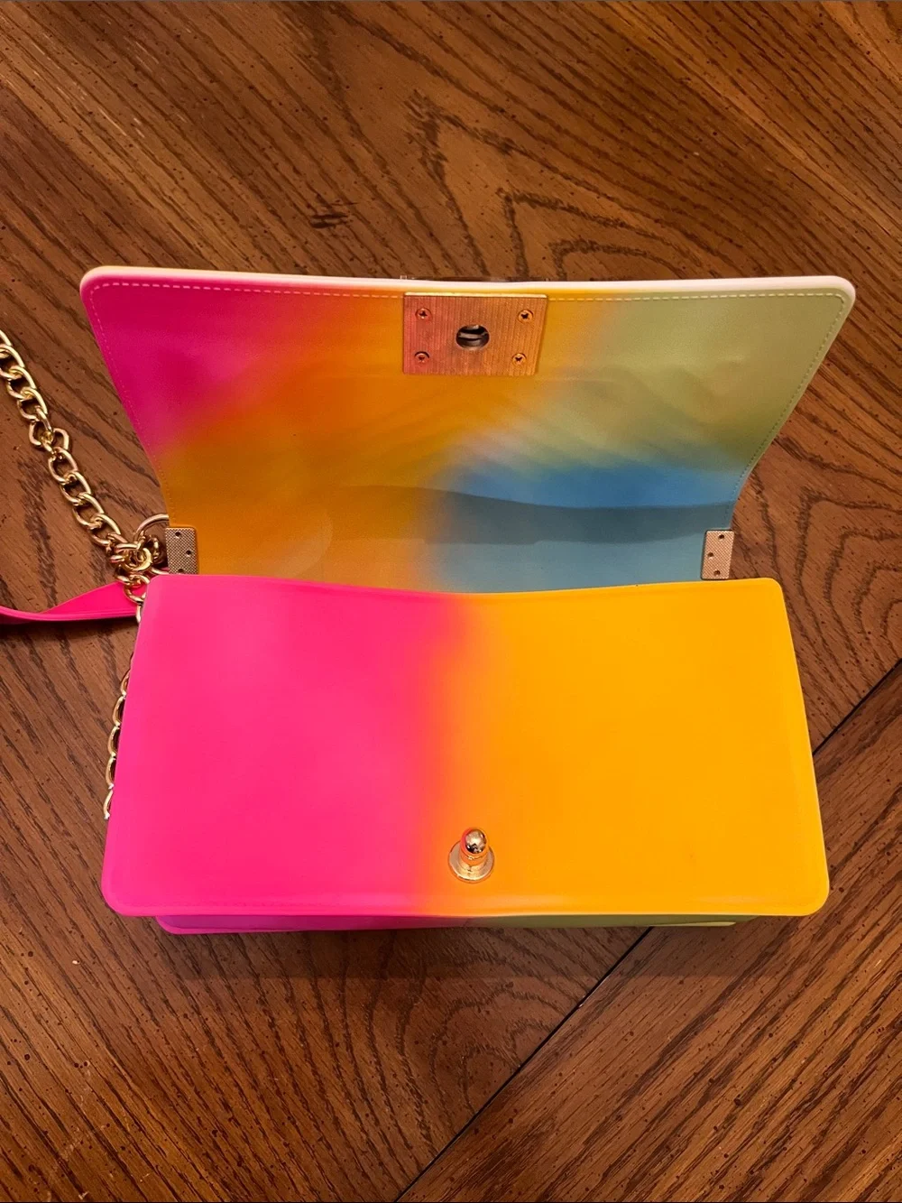 Rainbow Gradient Quilted Jelly Crossbody Bag with Gold Chain